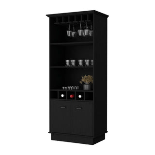 FM FURNITURE Sophia Bar Cabinet with Glassware Rack and Five Bottle Racks, Black Dweva