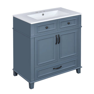 30'' Bathroom Vanity with Ceramic Sink,Solid Wood Frame Bathroom Storage Cabinet with Soft Closing Doors,Retro Style, Blue Dweva