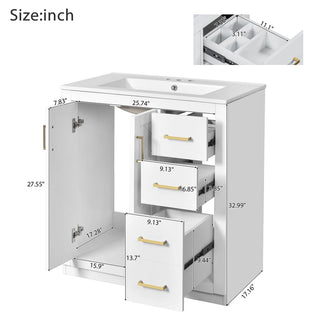 30'' Bathroom Vanity with Ceramic Sink Combo, Solid Wood Frame Bathroom Storage Cabinet, Freestanding Vanity Set with 3 Drawers& Soft Closing Doors Dweva