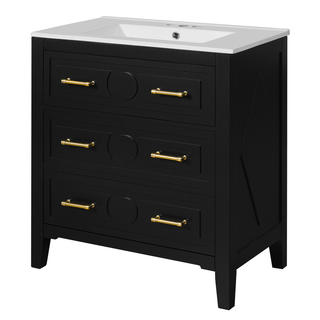 30'' Bathroom Vanity with Ceramic Sink Combo, Free Standing Single Vanity Set with 3 Drawers, Solid Wood Frame Bathroom Storage Cabinet, Black Dweva