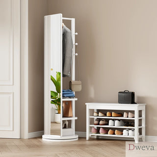 360° Rotating 69"x16" Multifunctional Full Length Mirror with Hook Storage Rack Coat Rack with Mirror Solid Wood Floor Mirror Bedroom Living Room Cloakroom Space Saving (white) Dweva
