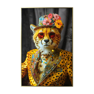 Abstract Art Wall Decor: Stylish Cheetah in Leopard Print Suit with Sunglasses and Hat Featuring Flower - Unique Modern Canvas Painting for Living Room, Bedroom, Office decorative picture Dweva