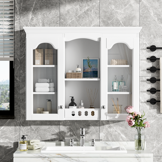 Wall Mounted Medicine Cabinet, Bathroom Wall Cabinet with 2 Glass Doors, Over The Toilet Space Saver Storage Cabinet with Ample Storage, White Dweva