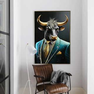 Executive Blue Buffalo Canvas Wall Art - Dapper Animal Portrait in Tailored Suit Modern British Humour Home Decor Premium Gallery Wrapped Artwork for Office Lounge Study Room decorative picture Dweva
