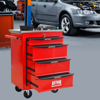 4 Drawers Multifunctional Tool Cart with Wheels,Metal Rolling Tool Cart Storage for Garage Workshop Warehouse Repair Shop--With Stainless Steel Roof- Red&Black Dweva