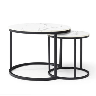 Set 2 Coffee Table Nesting White and gray top Black Frame Circular Round and Marble Pattern Wooden Tables, Living Room Bedroom Apartment Modern Industrial Simple Nightstand Dweva