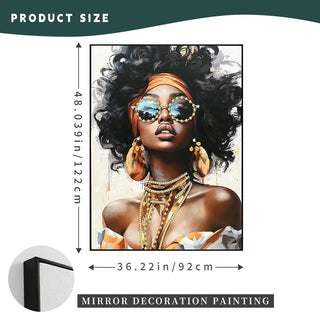 African American Woman Canvas Wall Art Black Girl with Curly Hair Sunglasses Orange Headwrap Earrings and Necklaces Modern Afrocentric Decor for Living Room Bedroom Office decorative picture Dweva