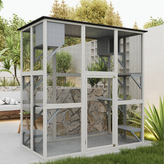 70.9" Gray Wooden Outdoor Catio Cat Enclosure with Weatherproof Asphalt Roof, Large Walk-in Cat House with 6 Platforms & 2 Napping Boxes, Solid Wood Cat Cage Playpen for Patio or Backyard Dweva