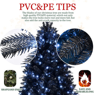 9ft Black Christmas Tree with 750 White LED Lights, 3176 Tips PE+PVC Artificial Tree for Halloween & Holiday Decor, Hinged Structure with Stable Metal Stand Dweva