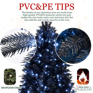 6ft Black Christmas Tree with 350 White LED Lights, 1460 Tips PE+PVC Artificial Tree for Halloween & Holiday Decor, Hinged Structure with Stable Metal Stand Dweva