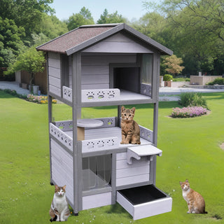 Three Story Outdoor Cat House with Balcony, Large Feral Villa Cat Shelter Weatherproof, 3 Story Outside Cat House for Multiple Cats Dweva