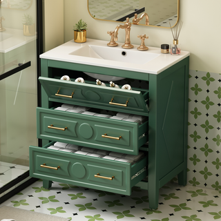 30'' Bathroom Vanity with Ceramic Sink Combo, Free Standing Single Vanity Set with 3 Drawers, Solid Wood Frame Bathroom Storage Cabinet, Green Dweva
