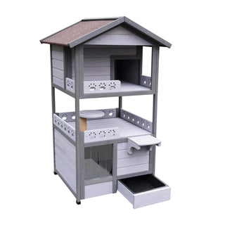 Three Story Outdoor Cat House with Balcony, Large Feral Villa Cat Shelter Weatherproof, 3 Story Outside Cat House for Multiple Cats Dweva
