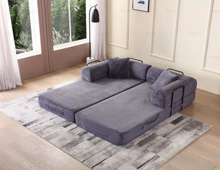 Convertible Sleeper Sofa Bed with Cylindrical Pillow - Corduroy Folding Mattress Couch with Fixed-Shape Frame for Living Room, Bedroom, Lounge, Studio - Gray Dweva