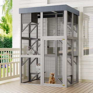 70.5＂ Tall Wooden Catio Outdoor Cat Enclosure, Gray Cat House Large Solid Wood Cage Playpen with 6 Jumping Platforms & 2 Napping Houses, Movable tarp cover Dweva