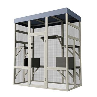 62.6" Outdoor Wooden Catio for Cats, Large Cat Enclosure with Waterproof Roof, 2 Cat Houses & Platforms, Secure Rust-Proof Wire Pet Cage for Patio or Backyard Dweva