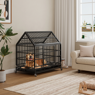 48 Inch Heavy Duty Dog Crate with Wheels, Folding Metal Big Dog Cage for Large and Medium Dogs, Cage with a pointed roof and Removable Tray. Dweva