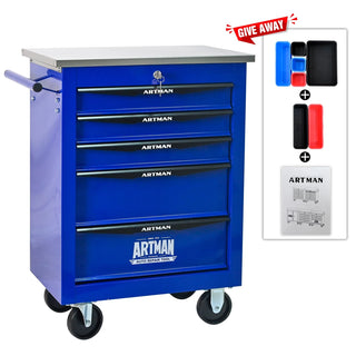 5 Drawers Multifunctional Tool Cart with Wheels,Metal Rolling Tool Cart Storage for Garage Workshop Warehouse Repair Shop--With Stainless Steel Roof- BLACK&BLUE Dweva