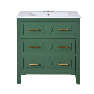30'' Bathroom Vanity with Ceramic Sink Combo, Free Standing Single Vanity Set with 3 Drawers, Solid Wood Frame Bathroom Storage Cabinet, Green Dweva