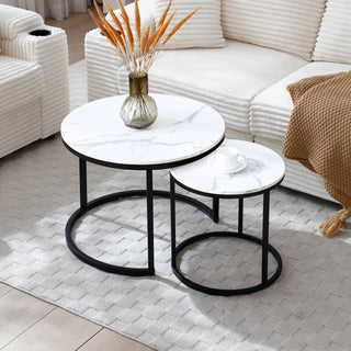 Set 2 Coffee Table Nesting White and gray top Black Frame Circular Round and Marble Pattern Wooden Tables, Living Room Bedroom Apartment Modern Industrial Simple Nightstand Dweva