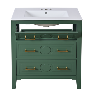 30'' Bathroom Vanity with Ceramic Sink Combo, Free Standing Single Vanity Set with 3 Drawers, Solid Wood Frame Bathroom Storage Cabinet, Green Dweva