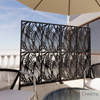 Metal Privacy Screens W3.8Ft X H6Ft Outdoor and Indoor Divider with Free Standing Decorative Privacy Screen for Balcony Patio Garden Room Divider, Black Leaf Shape Dweva