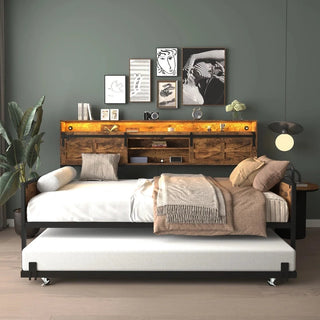Twin Daybed with Trundle, Farmhouse Daybed Frame with Sliding Barn Door Headboard and Charging Station & LED Light for Bedroom and Guest Room, Rustic Brown Dweva