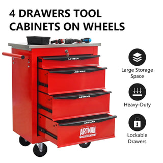 4 Drawers Multifunctional Tool Cart with Wheels,Metal Rolling Tool Cart Storage for Garage Workshop Warehouse Repair Shop--With Stainless Steel Roof- Red&Black Dweva