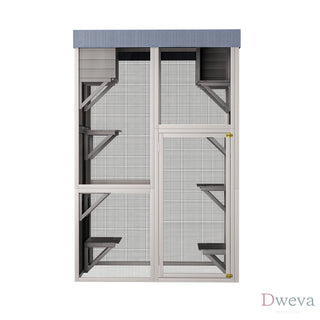 70.5＂ Tall Wooden Catio Outdoor Cat Enclosure, Gray Cat House Large Solid Wood Cage Playpen with 6 Jumping Platforms & 2 Napping Houses, Movable tarp cover Dweva