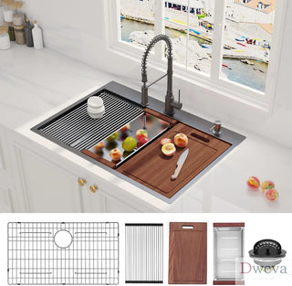 33 Inch Gunmetal Black Drop in Workstation kithchen Sink -33 "x 22" 16 Gauge Topmount Drop in Single Bowl Stainless Steel Kitchen Sink with Accessories Dweva