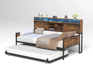 Twin Daybed with Trundle, Farmhouse Daybed Frame with Sliding Barn Door Headboard and Charging Station & LED Light for Bedroom and Guest Room, Rustic Brown Dweva