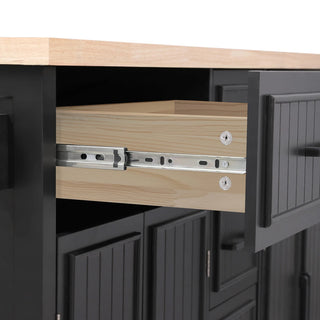 K&K 56.5'' Kitchen Island with Drop Leaf, Power Outlet, Embossed Vertical Stripe Rolling Kitchen Cart on Wheels with 4 Doors , 5 Deep Drawers and Adjustable Shelves, for Kitchen, Dining Room, Black Dweva