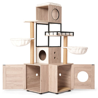 63" Multi-Functional Cat Tree with Litter Box - Includes Removable Washable Cushion, Scratching Posts & Toy Hanger, Modern Design, Rustic Gray Dweva