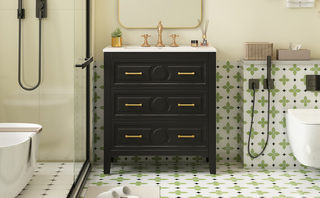 30'' Bathroom Vanity with Ceramic Sink Combo, Free Standing Single Vanity Set with 3 Drawers, Solid Wood Frame Bathroom Storage Cabinet, Black Dweva