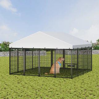 Large Dog Kennel Outdoor Pet Pens Dogs Run Enclosure Animal Hutch Metal Coop Fence with Roof Cover. 9.62'L x 9.35'W x 6.18'H. Dweva
