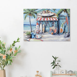 Blue Beach House Surfboard Coconut Tree Ocean Wall Art - Coastal Tropical Landscape Mural Print - Vibrant Seaside Decor for Living Room Bedroom Office decorative picture Dweva