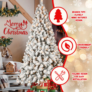 8ft Flocked Pre-Lit Christmas Tree with 500 UL Warm White Lights, 1460 PVC Tips, Auto-Unfold Memory Wire, Easy Assembly & Stable Metal Stand – Snowy Holiday Decor Dweva