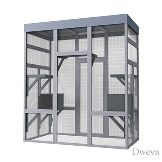 62.6" Wooden Outdoor Catio for Cats, Large Cat Enclosure with Waterproof Roof, 2 Napping House, Platforms & Rust-Proof Wire – Secure Pet Cage for Backyard or Patio Dweva