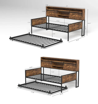 Twin Daybed with Trundle, Farmhouse Daybed Frame with Sliding Barn Door Headboard and Charging Station & LED Light for Bedroom and Guest Room, Rustic Brown Dweva