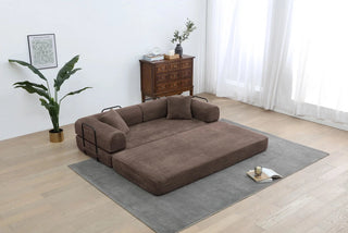 Convertible Sleeper Sofa Bed with Cylindrical Pillow - Corduroy Folding Mattress Couch with Fixed-Shape Frame for Living Room, Bedroom, Lounge, Studio - BROWN Dweva