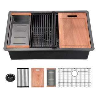 28 Gunmetal Black Undermount Workstation Kitchen Sink-28 x 18 Inch 16 Gauge Stainless Steel Undermount Kitchen Sink, Handmade R10 Radius 10 Inch Deep Undermount Single Bowl Sink with Accessories Dweva