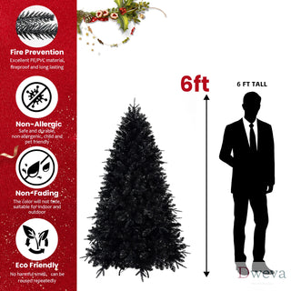 5ft Black Christmas Tree with 250 White LED Lights, 1076 Tips PE+PVC Artificial Tree for Halloween & Holiday Decor, Hinged Structure with Stable Metal Stand Dweva