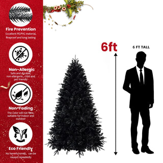 7.5ft Black Christmas Tree with 500 White LED Lights, 2156 Tips PE+PVC Artificial Tree for Halloween & Holiday Decor, Hinged Structure with Stable Metal Stand Dweva