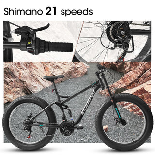 A26309 26 inch Mountain Bike,Full-Suspension 21 Speeds Drivetrain with Disc-Brake MTB Bicycle, 26*4" Fat tire Bike for Men Dweva