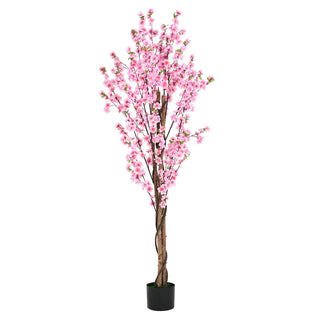 6' Artificial Peach Blossom Tree with Black Plastic Pot Dweva
