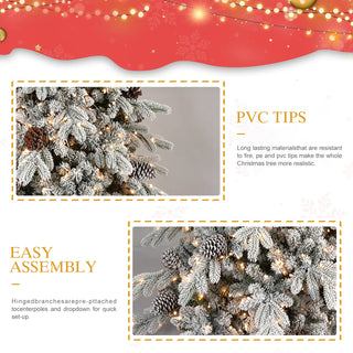 7.5 FT Flocked PE/PVC Christmas Tree with 40 Natural Pine Cones – 1424 Tips, Space-Saving Design, Hinged Branches, Stable Metal Stand, Realistic Snowy Look Dweva