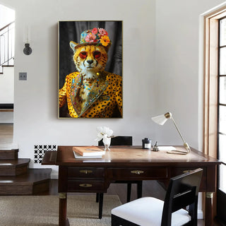 Abstract Art Wall Decor: Stylish Cheetah in Leopard Print Suit with Sunglasses and Hat Featuring Flower - Unique Modern Canvas Painting for Living Room, Bedroom, Office decorative picture Dweva