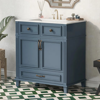 30'' Bathroom Vanity with Ceramic Sink,Solid Wood Frame Bathroom Storage Cabinet with Soft Closing Doors,Retro Style, Blue Dweva