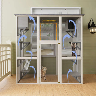 70.9" Gray Wooden Outdoor Catio Cat Enclosure with Weatherproof Asphalt Roof, Large Walk-in Cat House with 6 Platforms & 2 Napping Boxes, Solid Wood Cat Cage Playpen for Patio or Backyard Dweva