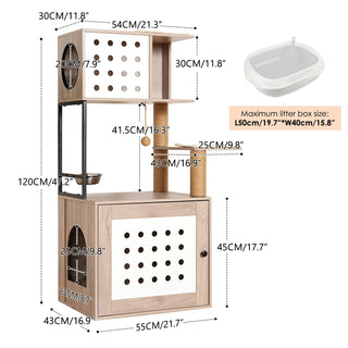 Cat Tree with Litter Box Enclosure, All-in-one Cat Tower for Indoor Cats with Large Hammock, Bed, Food Station, Scratching Posts, Modern Style Pet Furniture, Gray+white Dweva